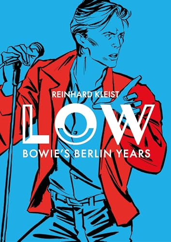 Graphic novel cover illustration of David Bowie in a red jacket against blue background.