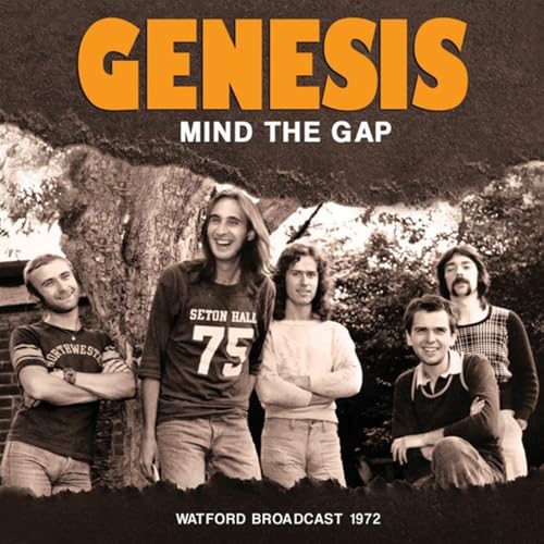 Genesis album cover, “Mind The Gap”, featuring a band portrait and landscape.