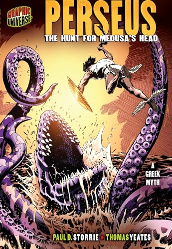 Perseus battles Medusa and her serpent hair in a graphic novel cover.