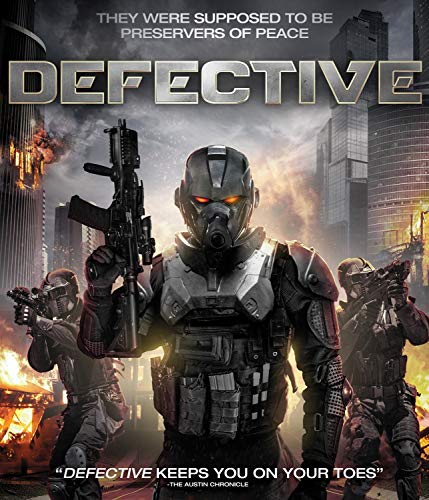 DVD cover for "Defective" featuring a soldier in futuristic armor amid destruction.