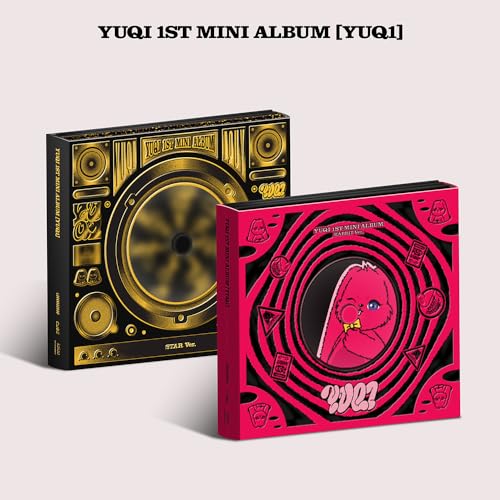 Yuqi's "Yuq1" album covers: a gold boombox and pink rabbit portrait.