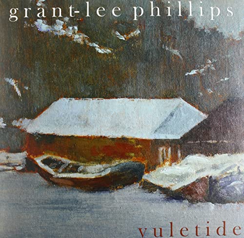 Painted winter scene with a snow-covered boathouse and boats.