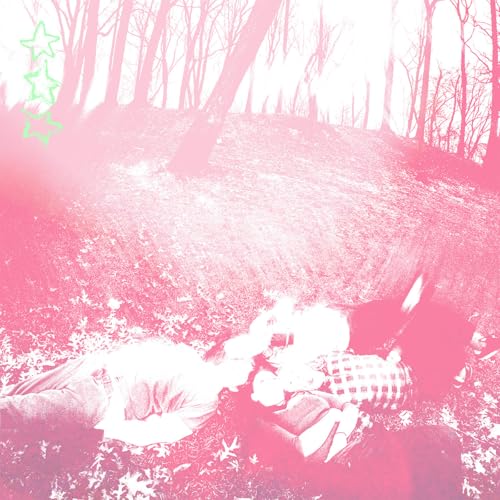 Pink shower curtain with a forest scene and figures lying in grass.