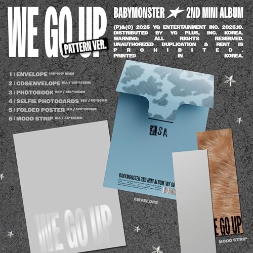 “We Go Up” Babymonster CD album packaging with envelope and mood strip.