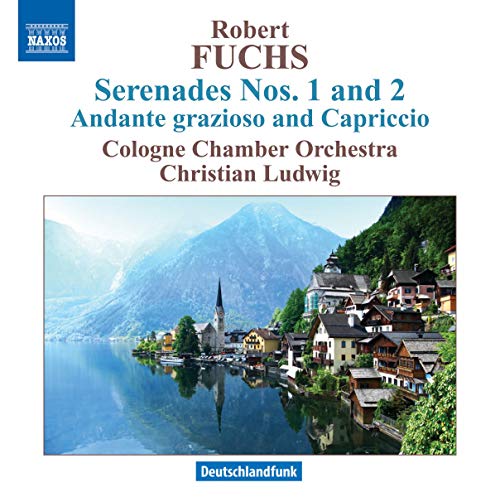 CD cover: Fuchs Serenades with a lakeside village landscape.