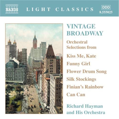 CD cover for “Vintage Broadway” orchestral selections, featuring a city street scene.