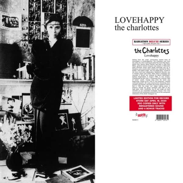 Black and white vinyl album cover for "Lovehappy" by The Charlottes.