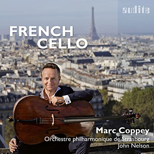 CD cover: cellist Marc Coppey with Paris skyline background.