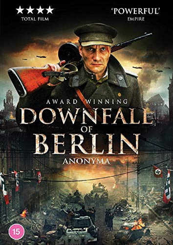 DVD cover for “The Downfall of Berlin” depicting a soldier and wartime ruins.