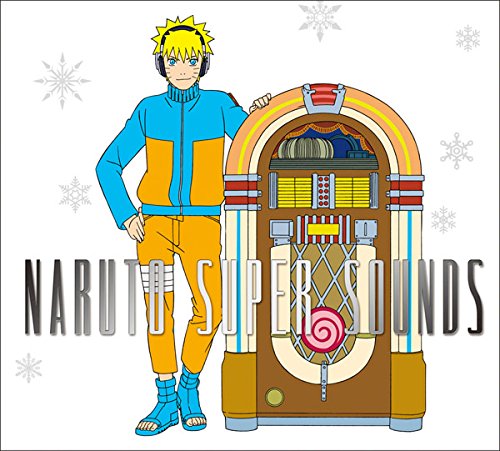 Naruto Uzumaki stands beside a vintage jukebox with “Naruto Super Sounds” text.