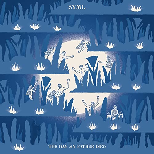 Blue album cover with illustrated figures among stylized plants and water.