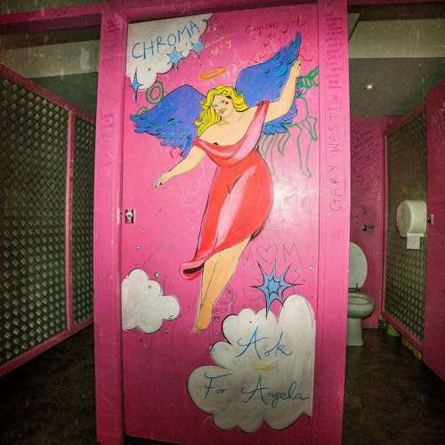 Pink door painted with a winged woman and the text "Ask For Angela".