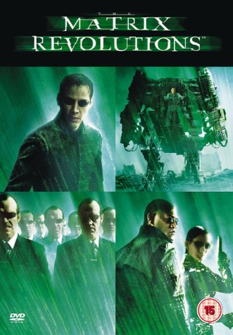The Matrix Revolutions" DVD cover featuring Neo and robotic sentinels in green tones.
