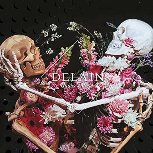 Delain album cover: skeletons embracing amidst flowers and crescent moons.
