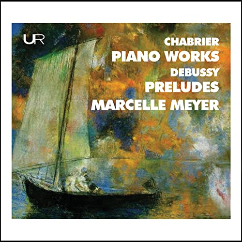 CD cover featuring a sailboat on water with text: Chabrier, Debussy, Meyer.