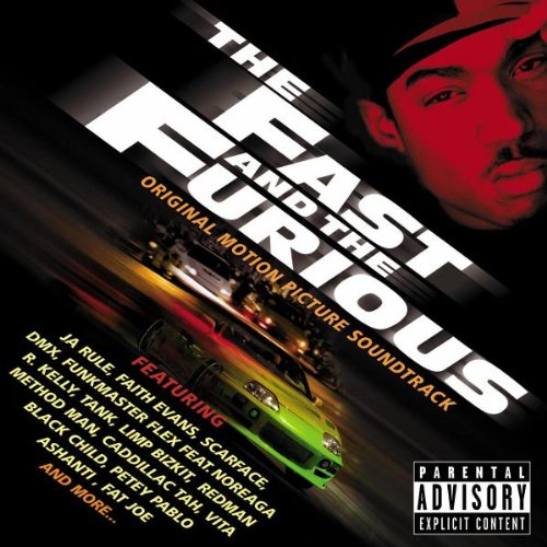 CD cover for "The Fast and the Furious" soundtrack with cars and a face.