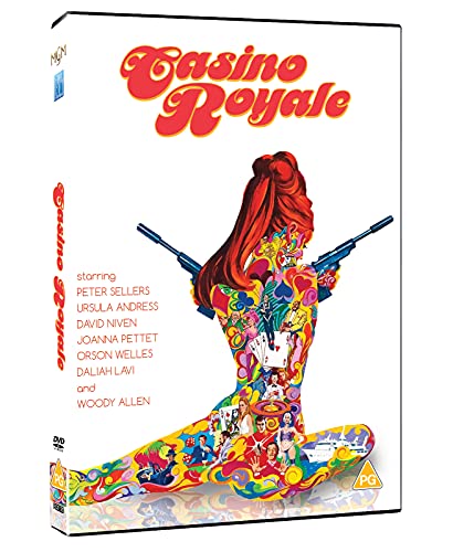 Casino Royale" DVD cover featuring a woman with guns, filled with playing cards.