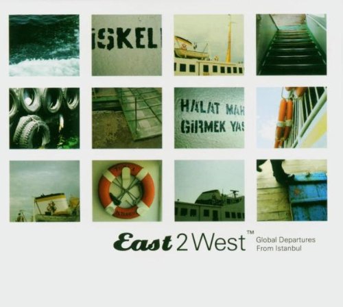 CD cover with a grid of coastal and industrial images, text "East2West".