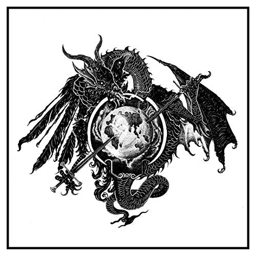 Black and white illustration of a dragon coiled around a planet with swords.