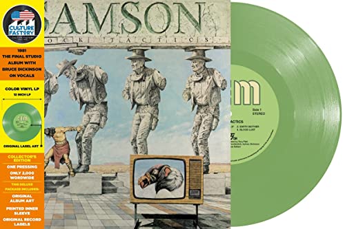 Samson “Shock Tactics” vinyl record with cover art of cowboys and a TV.
