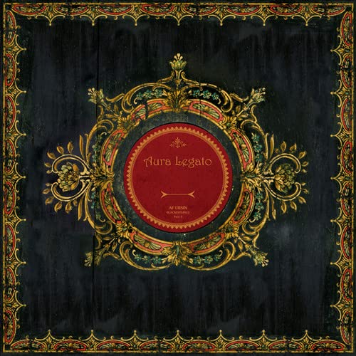 Vinyl record cover with ornate gold frame on a dark background.