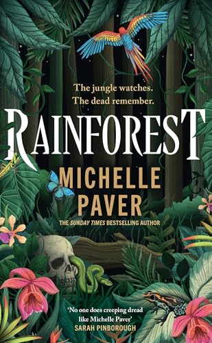 Book cover for “Rainforest” featuring jungle foliage, a skull, and colorful birds.