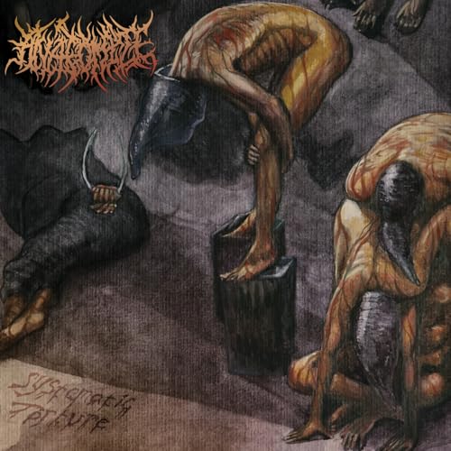 Dark album cover depicting distorted, suffering human figures in grayscale.