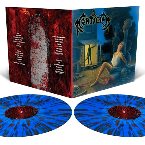 Mortician vinyl album cover depicting gore and a house, with two blue vinyl records.