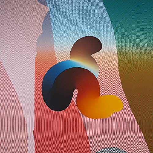 Abstract album cover with colorful, curved shapes and striped background.