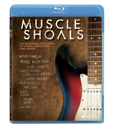 Blu-ray case for the documentary "Muscle Shoals" featuring a guitar image.