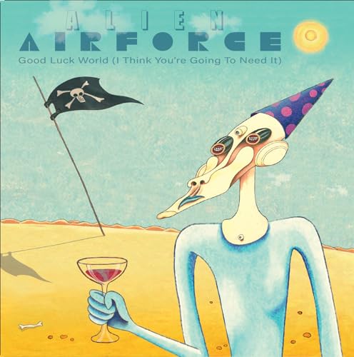 Album cover: blue alien with party hat, skull and crossbones flag.