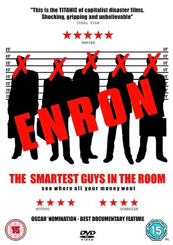 DVD cover for documentary "Enron: The Smartest Guys in the Room," with silhouetted figures.