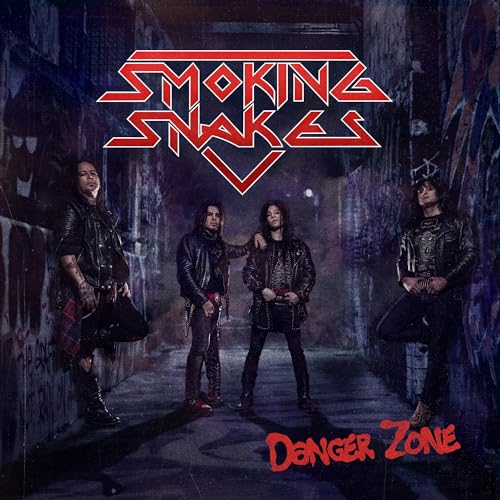 Four band members in leather jackets stand in a dark, graffiti-covered urban alleyway.