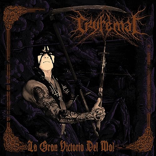 A tattooed person with corpse paint holds a scythe against a dark purple background.
