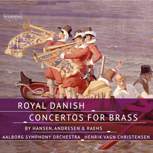 CD cover: musicians in historical dress with brass instruments on water.