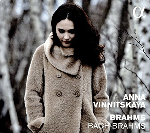 Anna Vinnitskaya portrait in a beige coat, album cover for Brahms & Bach.