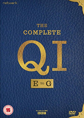 DVD cover for "QI: E To G" with blue textured background and gold lettering.