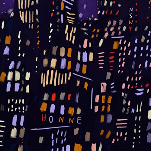 Abstract painting of a nighttime cityscape with "Honne" text.