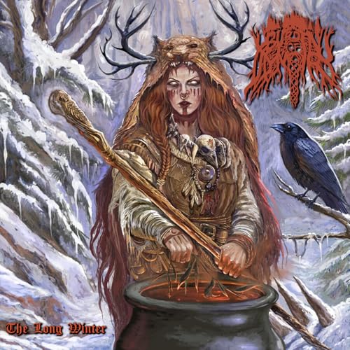 Painted album cover: woman with antlers stirring a cauldron in snow.