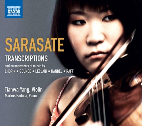 CD cover featuring violinist Tianwa Yang with violin and text “Sarasate”.