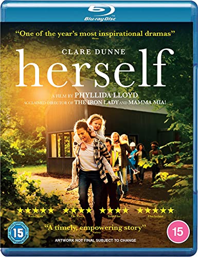 Blu-ray cover for "Herself" featuring a woman giving a child a piggyback ride.