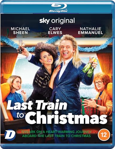 Last Train To Christmas" Blu-ray cover featuring Michael Sheen, Cary Elwes, and Nathalie Emmanuel.
