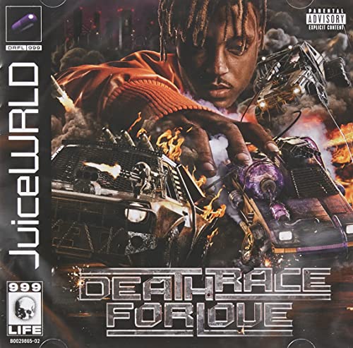 Juice WRLD album cover: a man with cars and fiery explosions.