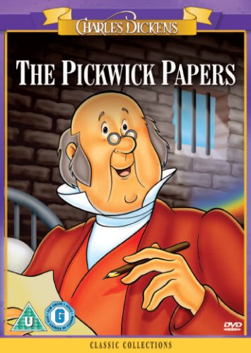 Animated DVD cover for The Pickwick Papers featuring a cartoon man holding a pen.