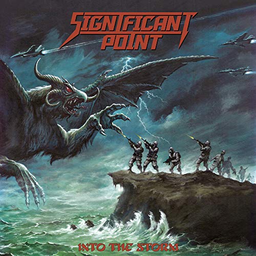 Fantasy album cover: dragon attacking soldiers on a rocky cliff.