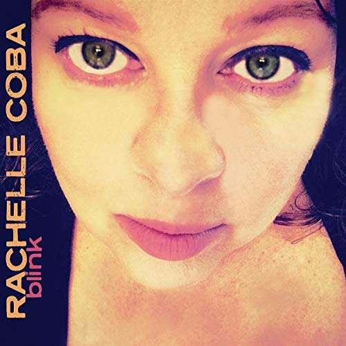Close-up portrait of Rachelle Coba with text Rachelle Coba Blink on the left side.