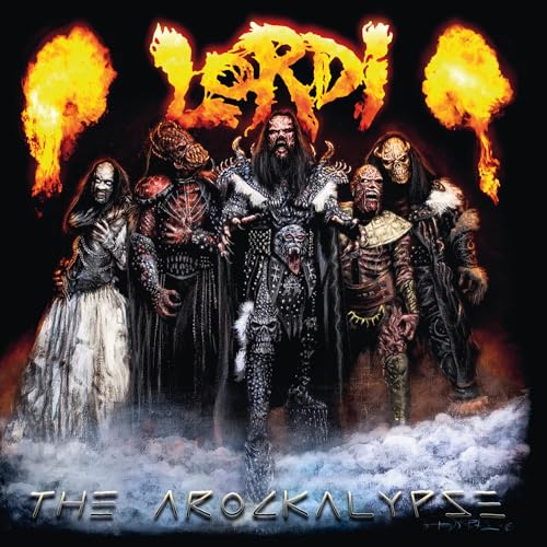 Lordi band members in monster costumes with fiery and smoky effects.