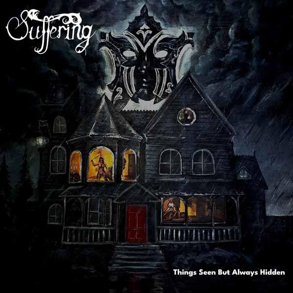 Dark painting of a haunted house with figures in windows.