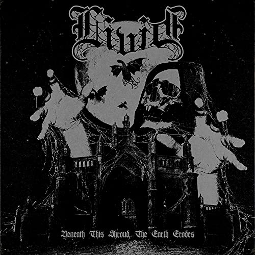 Dark album cover with gothic architecture, bats, and ornate lettering.