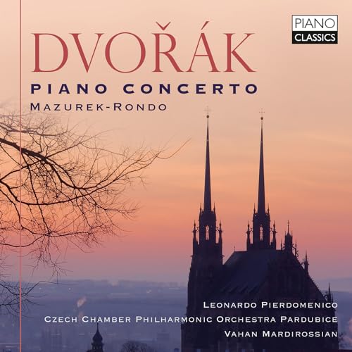 CD cover: Dvořák Piano Concerto with a castle silhouette at sunset.